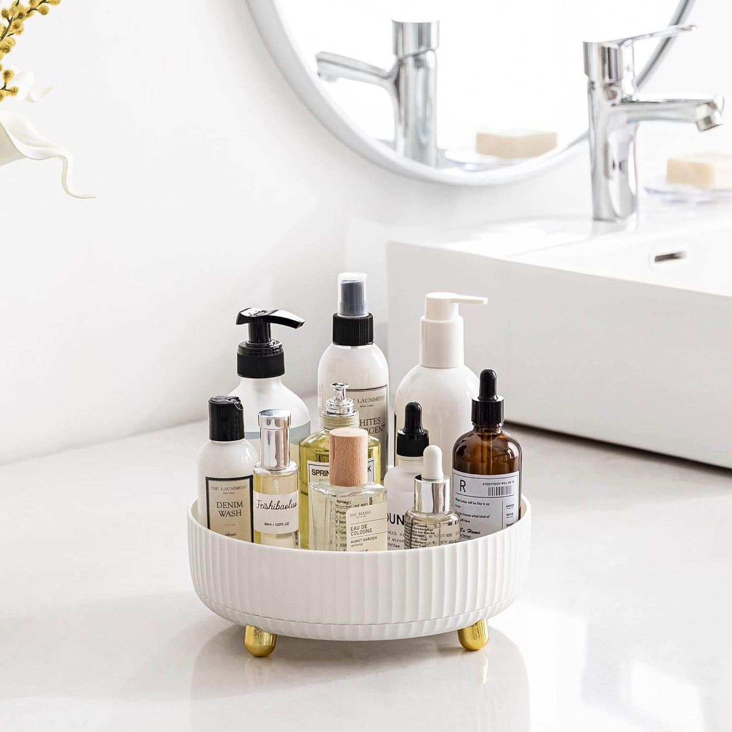 360-degree rotating makeup organizer for vanity and bathroom countertop