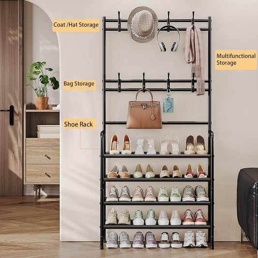 5-Tier Coat and Shoe Rack with Storage Shelf & 8 Hooks – Freestanding Organizer for Entryway & Bedroom - CRIMARA