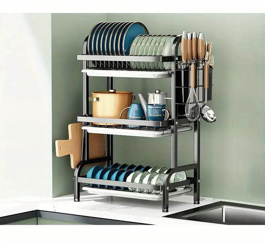 2-Tier & 3-Tier Dish Drying Rack – Large Kitchen Organizer with Holders & Drain Trays - CRIMARA