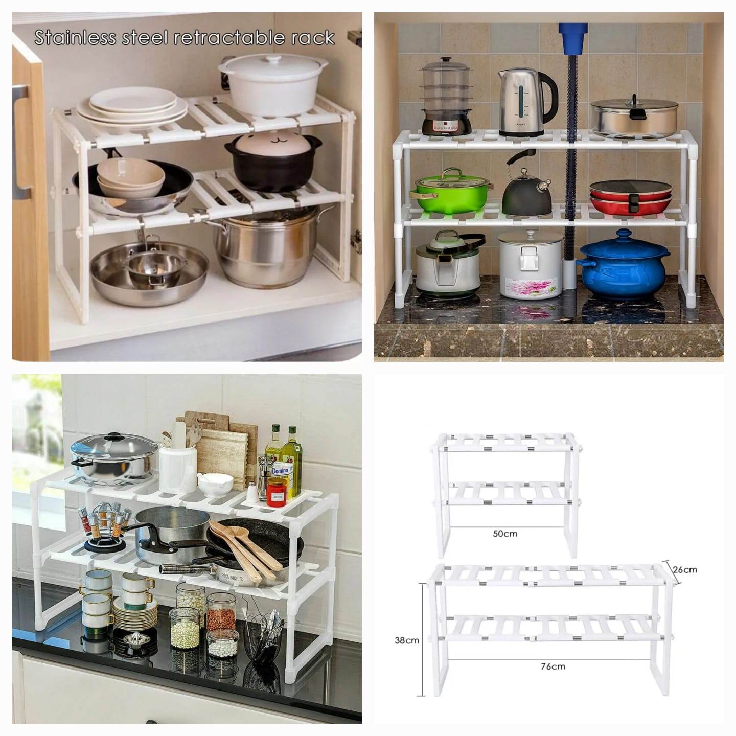 Stainless Steel Storage Organizer Adjustable Kitchen Rack Holder, White, Tabletop, Countertop, Plastic Shelves - CRIMARA