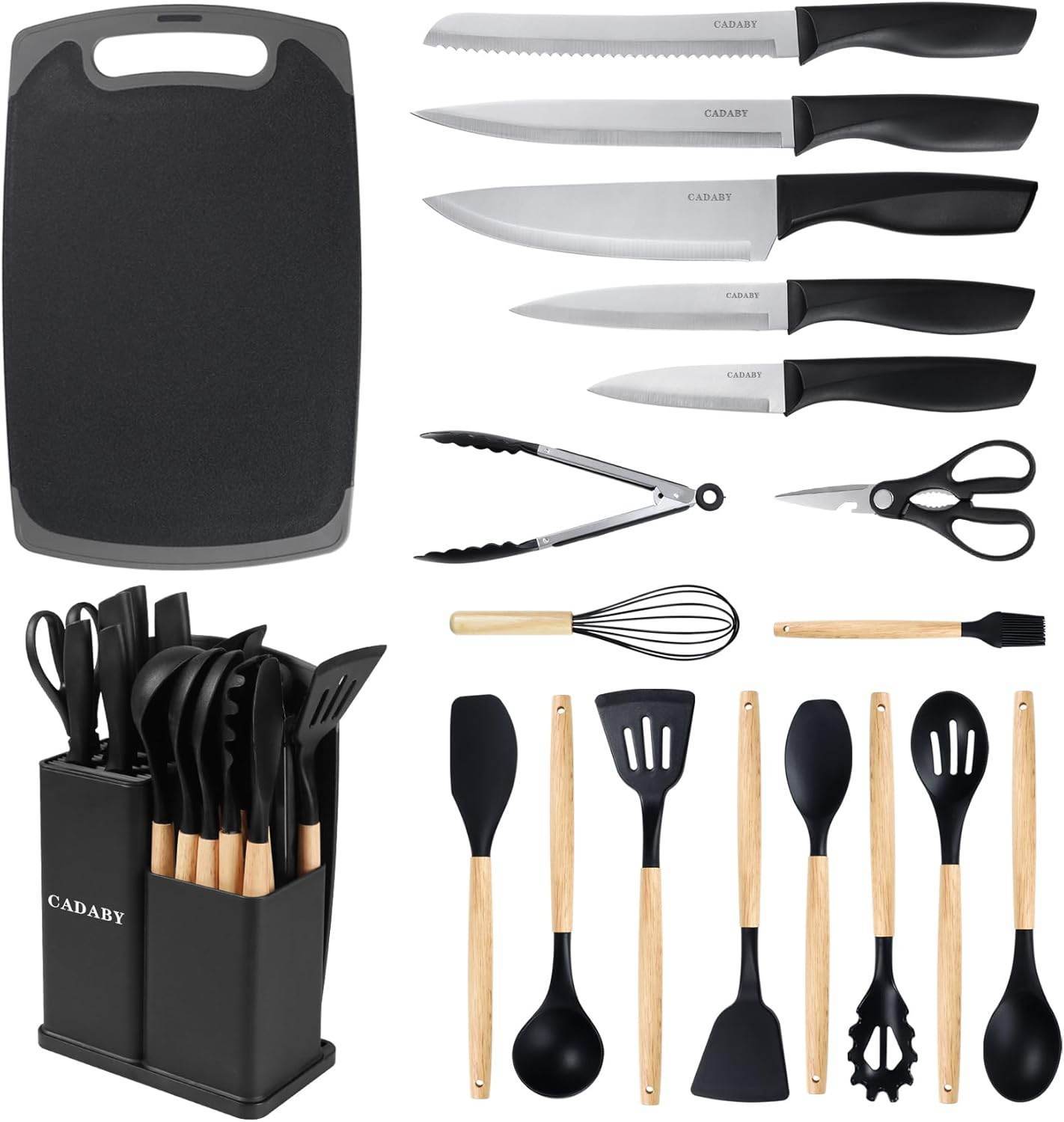 19-piece kitchen utensil and knife set with cutting board on counter