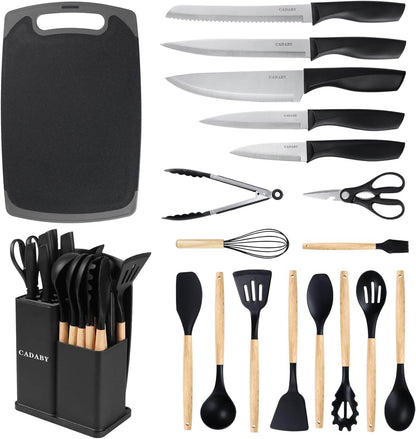 19-piece kitchen utensil and knife set with cutting board on counter