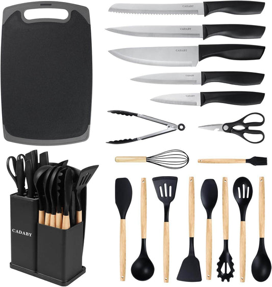 19-piece kitchen utensil and knife set with cutting board on counter