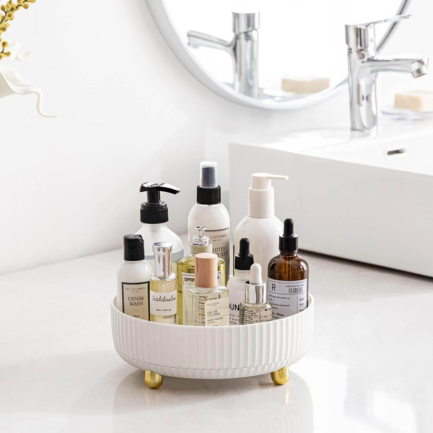 360-degree rotating makeup organizer for vanity and bathroom countertop