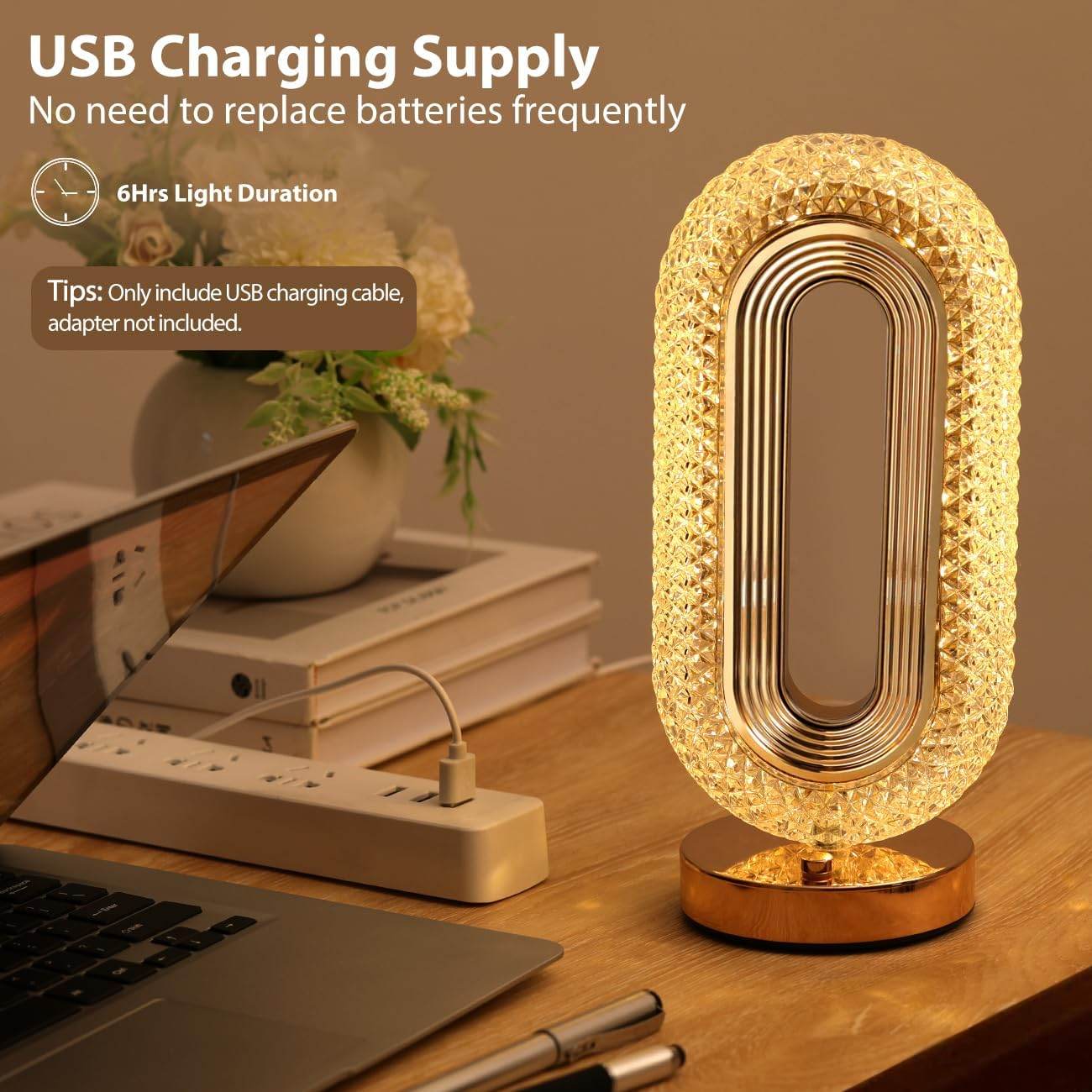 Crystal Table Lamp - Oval Rechargeable Night Light with USB Port - CRIMARA