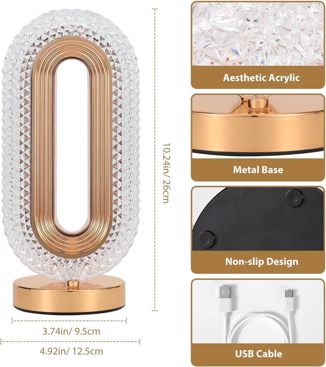 Crystal Table Lamp - Oval Rechargeable Night Light with USB Port - CRIMARA