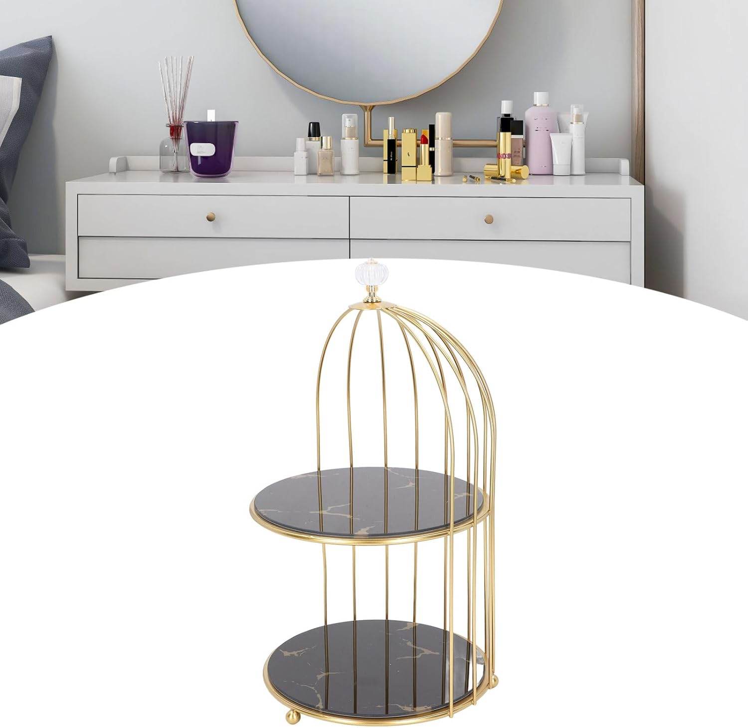 Birdcage-Style Double Layer Metal Vanity Storage Rack – Space-Saving Organizer for Vanity, Bathroom, Countertop & Dressing Table - CRIMARA