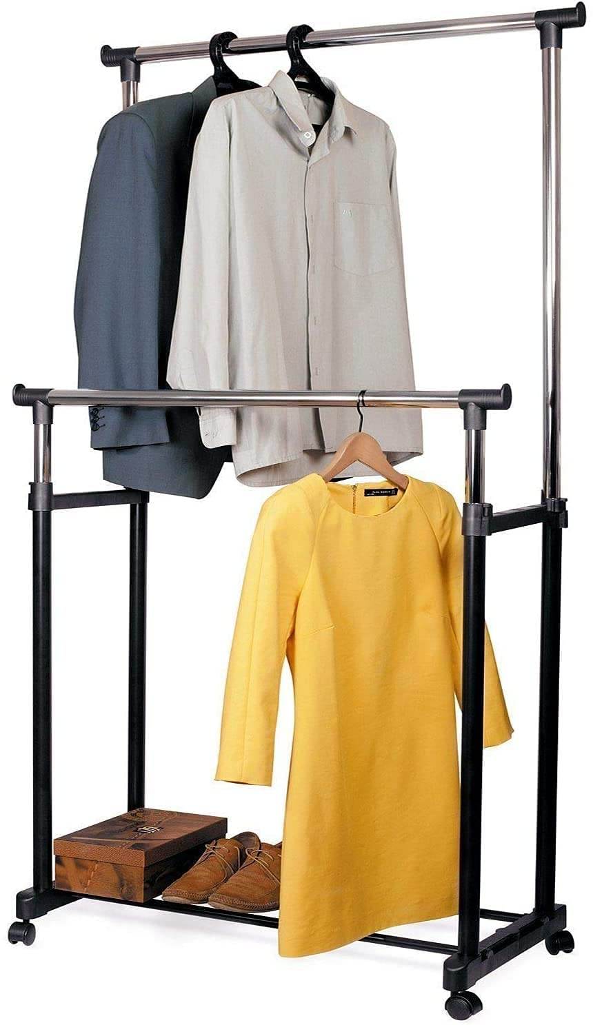 Premium Double Pole Stainless Steel Clothing Rack with Wheels - CRIMARA