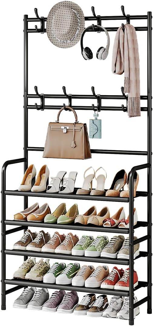 5-Tier Coat and Shoe Rack with Storage Shelf & 8 Hooks – Freestanding Organizer for Entryway & Bedroom - CRIMARA