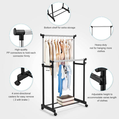 Premium Double Pole Stainless Steel Clothing Rack with Wheels - CRIMARA