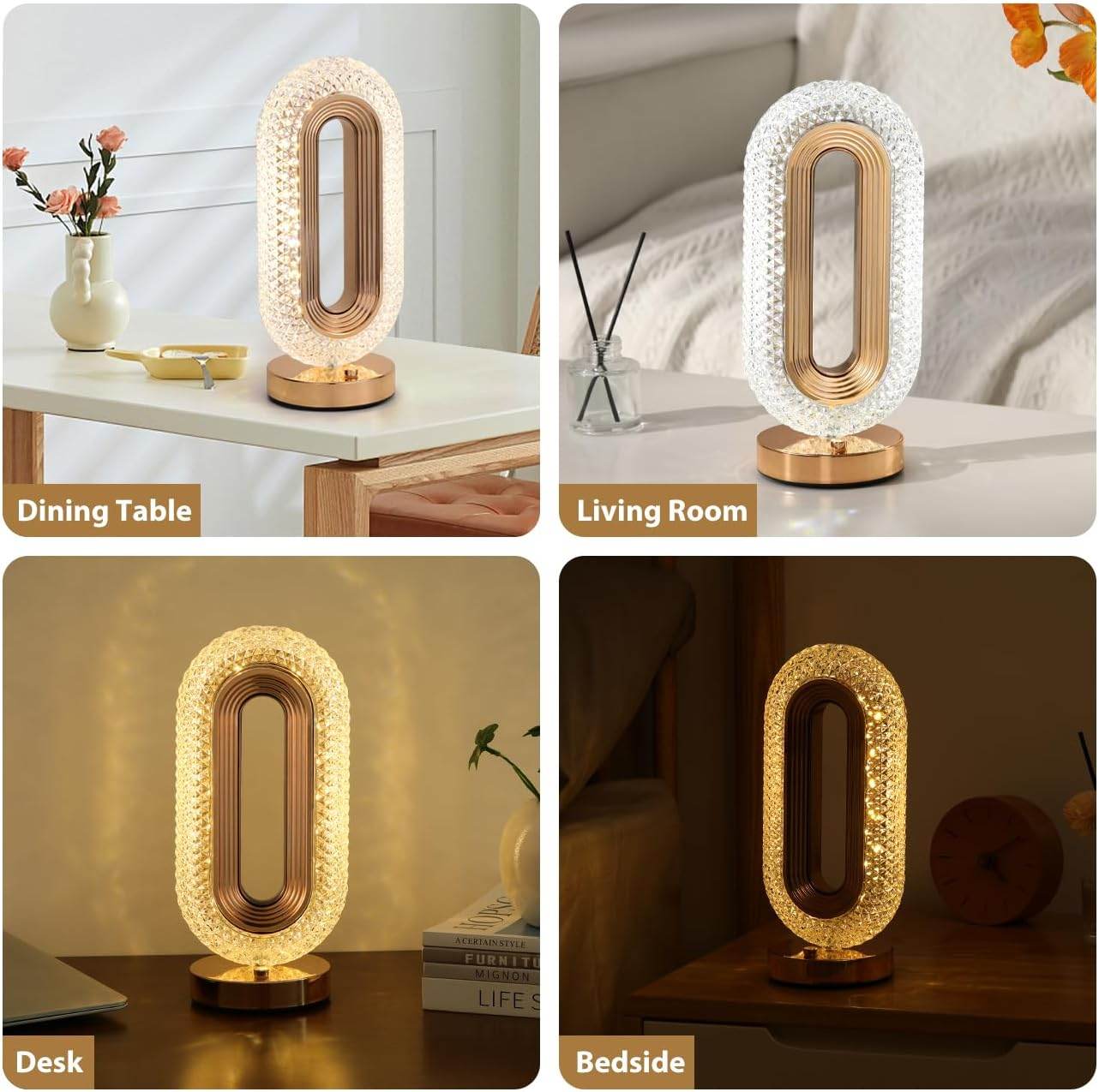 Crystal Table Lamp - Oval Rechargeable Night Light with USB Port - CRIMARA