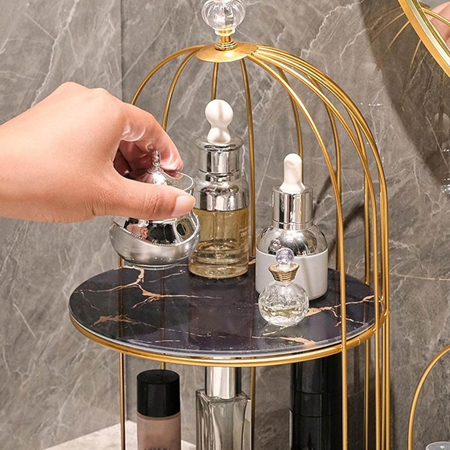 Birdcage-Style Double Layer Metal Vanity Storage Rack – Space-Saving Organizer for Vanity, Bathroom, Countertop & Dressing Table - CRIMARA