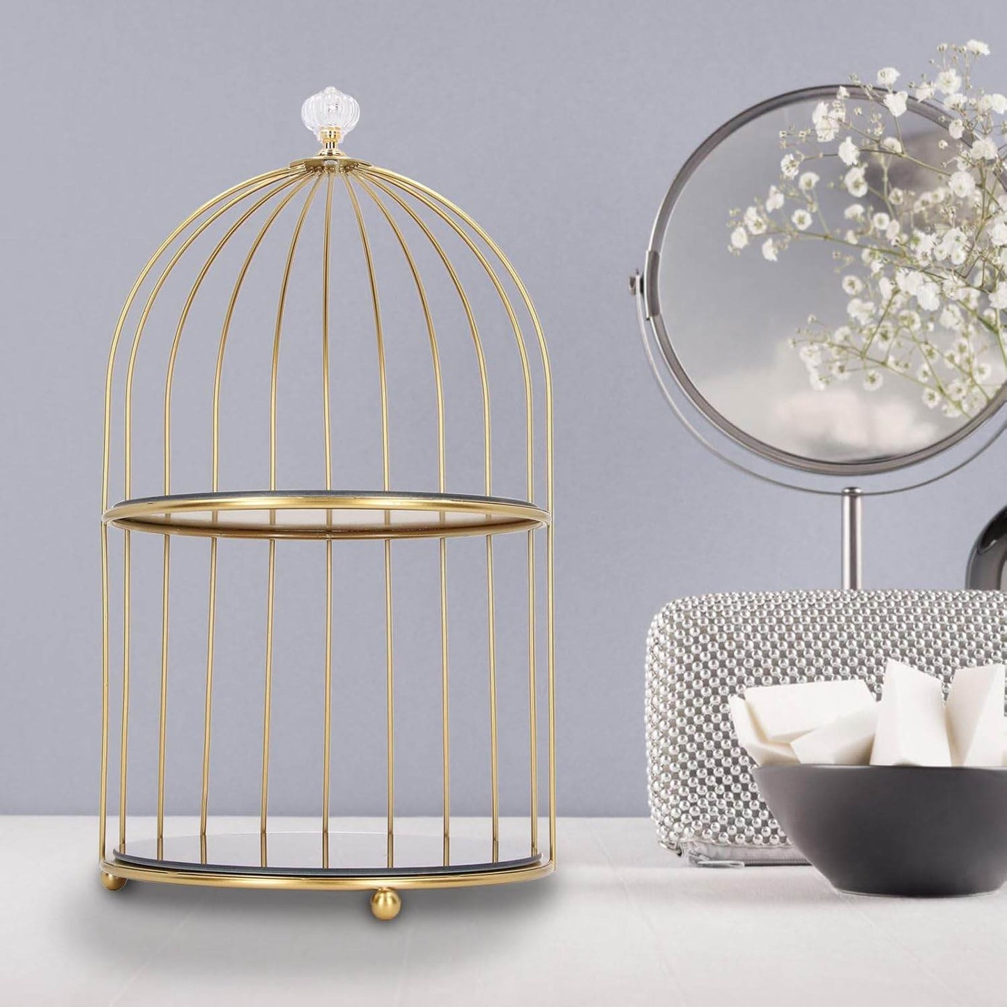 Birdcage-Style Double Layer Metal Vanity Storage Rack – Space-Saving Organizer for Vanity, Bathroom, Countertop & Dressing Table - CRIMARA