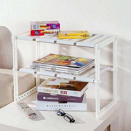 Stainless Steel Storage Organizer Adjustable Kitchen Rack Holder, White, Tabletop, Countertop, Plastic Shelves - CRIMARA