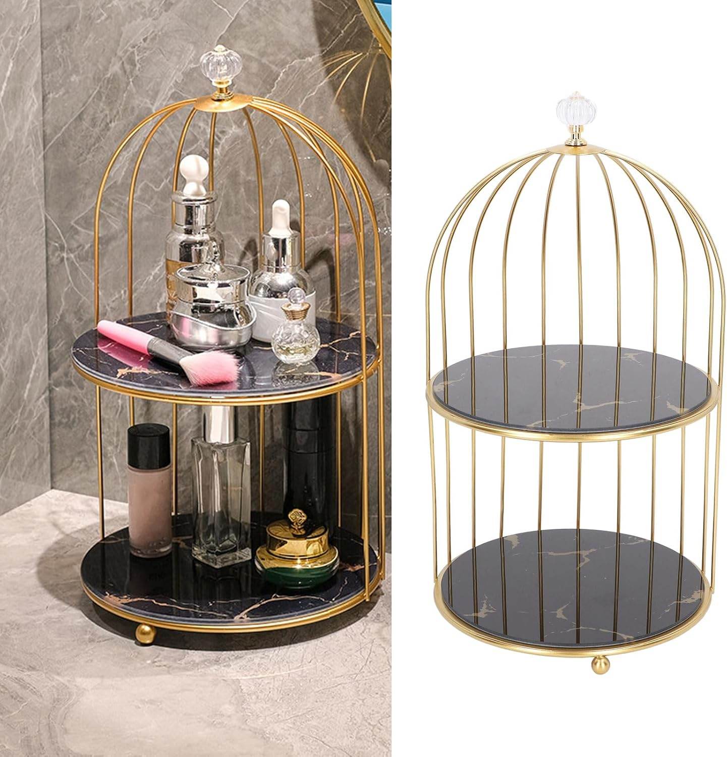 Birdcage-Style Double Layer Metal Vanity Storage Rack – Space-Saving Organizer for Vanity, Bathroom, Countertop & Dressing Table - CRIMARA