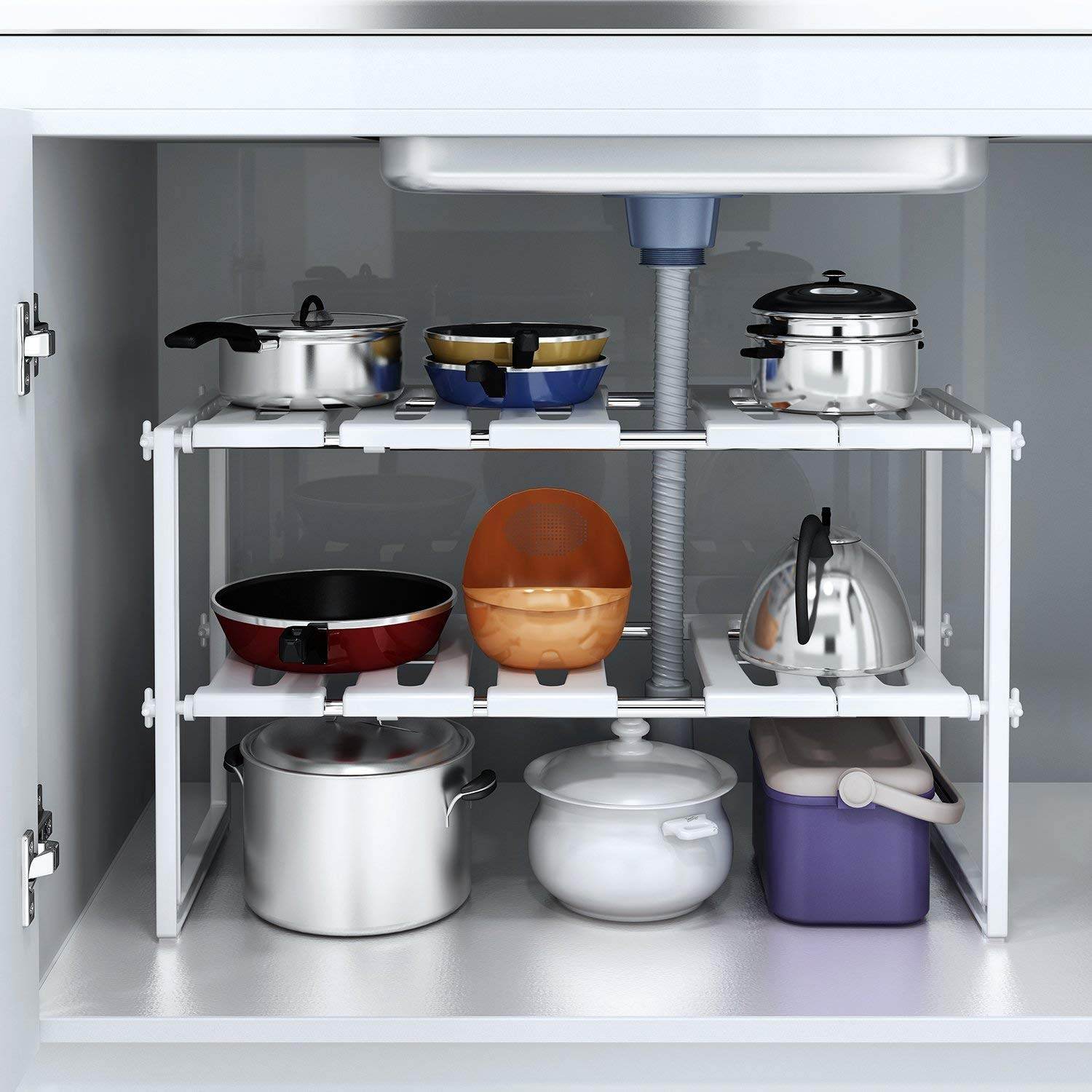 Stainless Steel Storage Organizer Adjustable Kitchen Rack Holder, White, Tabletop, Countertop, Plastic Shelves - CRIMARA