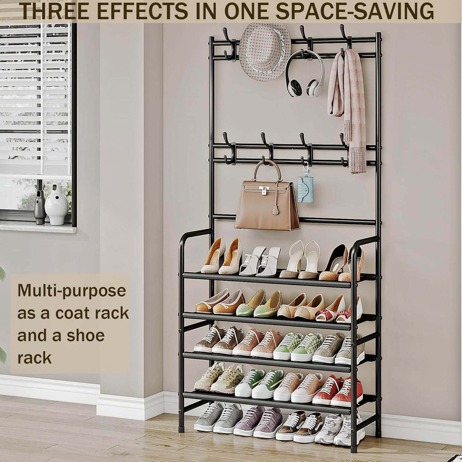 5-Tier Coat and Shoe Rack with Storage Shelf & 8 Hooks – Freestanding Organizer for Entryway & Bedroom - CRIMARA