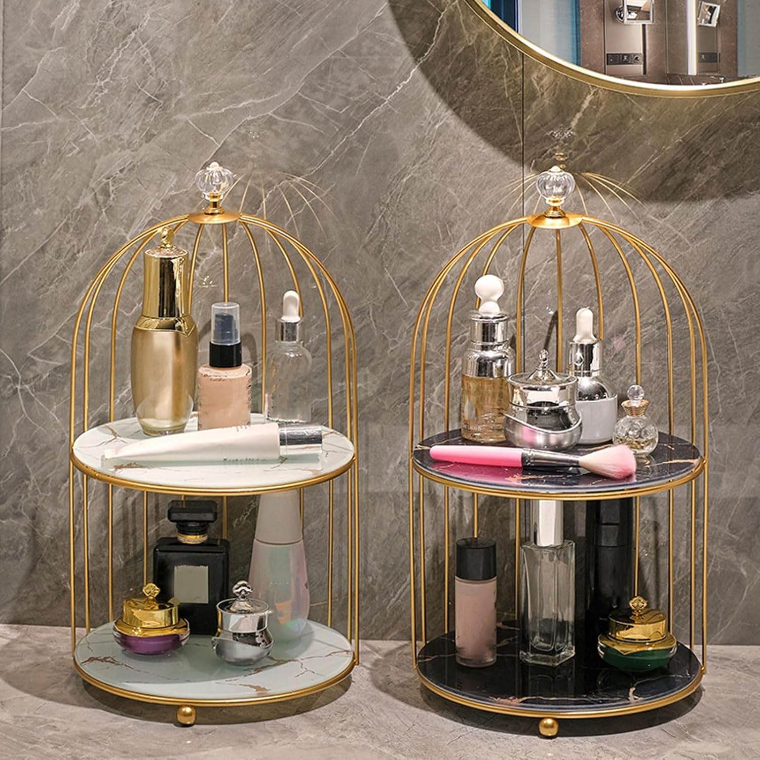 Birdcage-Style Double Layer Metal Vanity Storage Rack – Space-Saving Organizer for Vanity, Bathroom, Countertop & Dressing Table - CRIMARA