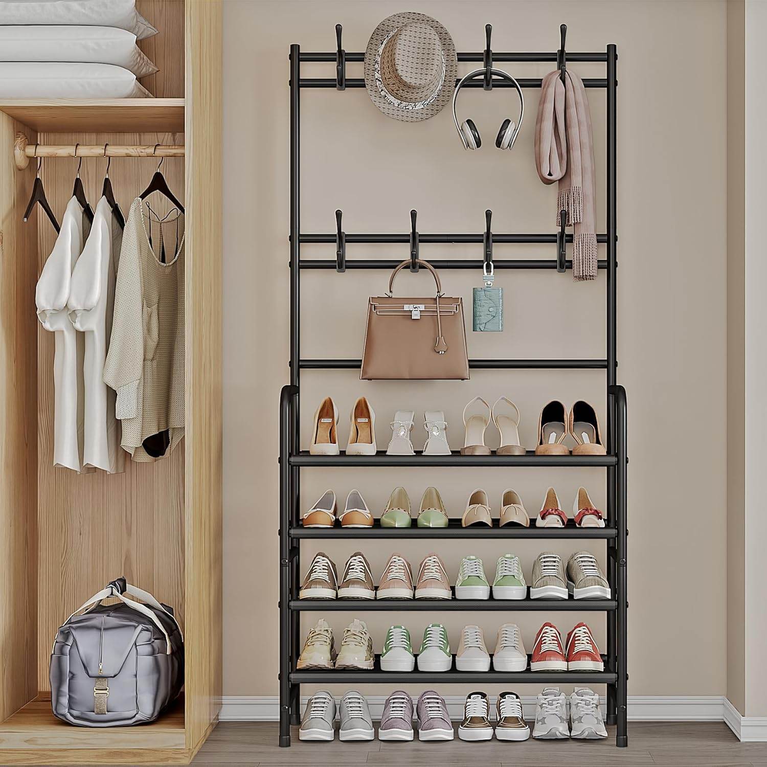 5-Tier Coat and Shoe Rack with Storage Shelf & 8 Hooks – Freestanding Organizer for Entryway & Bedroom - CRIMARA