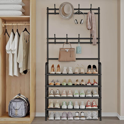 5-Tier Coat and Shoe Rack with Storage Shelf & 8 Hooks – Freestanding Organizer for Entryway & Bedroom - CRIMARA
