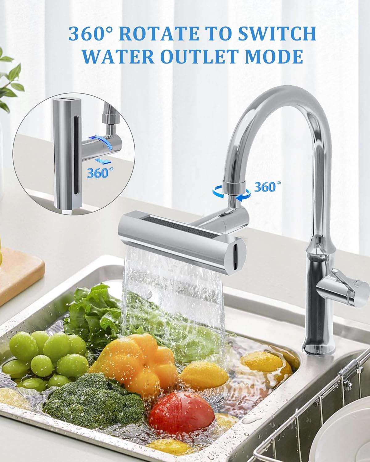 4 in 1 Waterfall Kitchen Faucet, 360°Swivel Faucet - CRIMARA