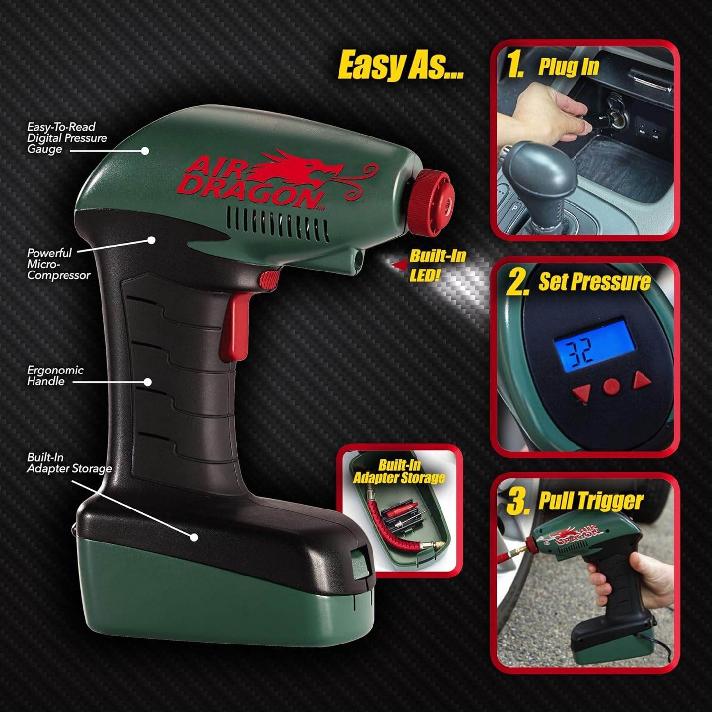 Portable Air Dragon Tire Inflator with Auto Shut-Off – 12V Car Air Compressor with LED Light & Long Cord - CRIMARA