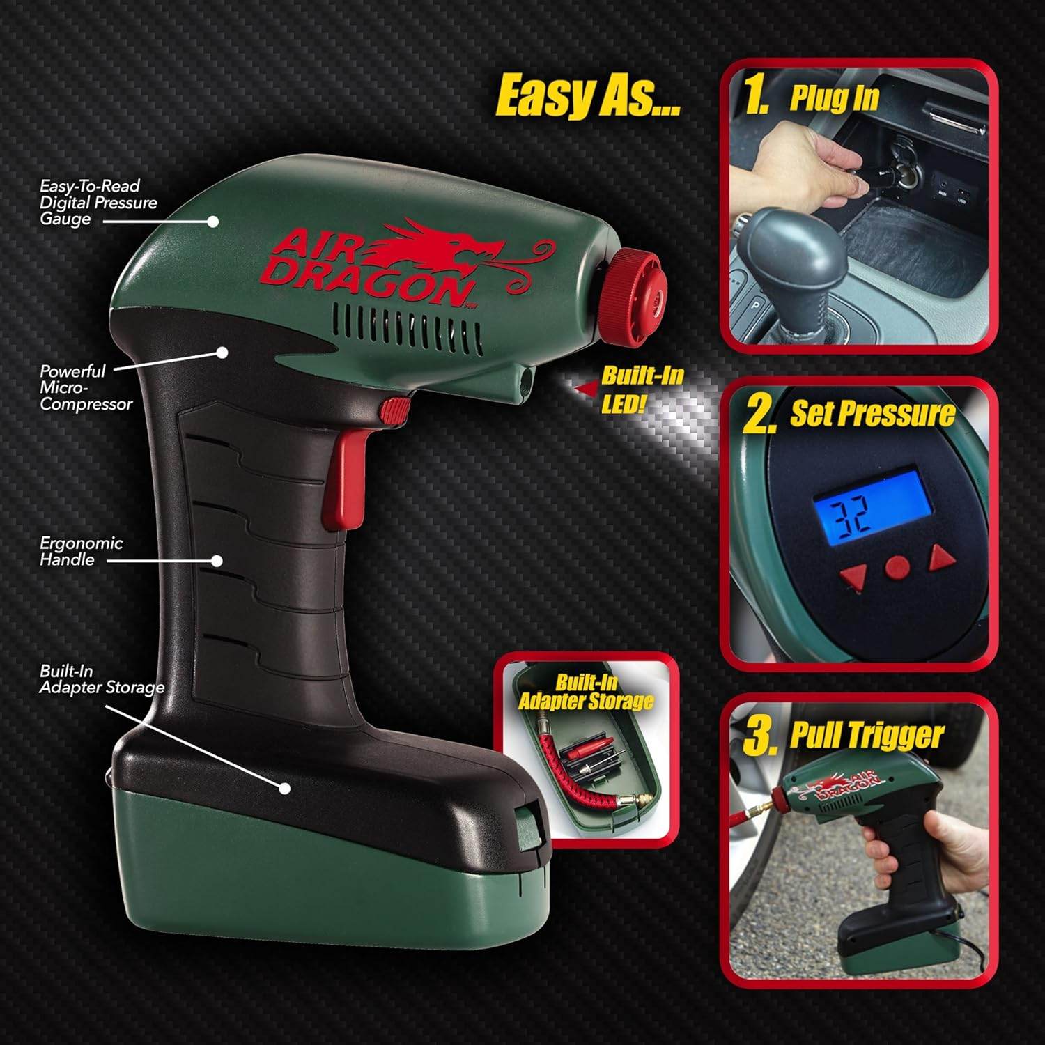 Portable Air Dragon Tire Inflator with Auto Shut-Off – 12V Car Air Compressor with LED Light & Long Cord - CRIMARA