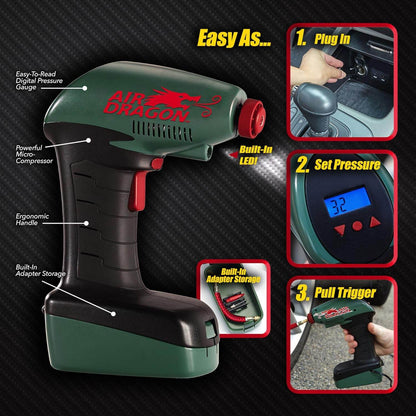 Portable Air Dragon Tire Inflator with Auto Shut-Off – 12V Car Air Compressor with LED Light & Long Cord - CRIMARA