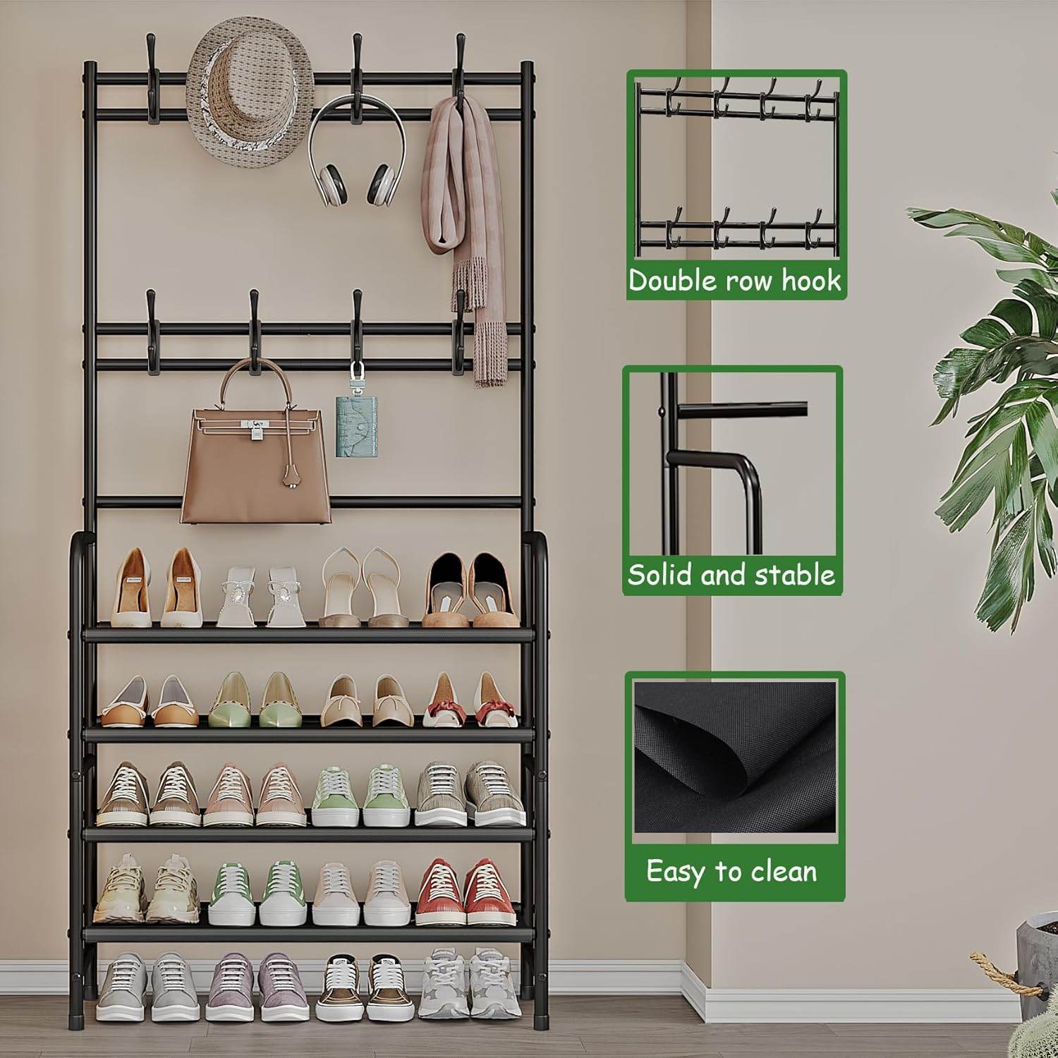 5-Tier Coat and Shoe Rack with Storage Shelf & 8 Hooks – Freestanding Organizer for Entryway & Bedroom - CRIMARA