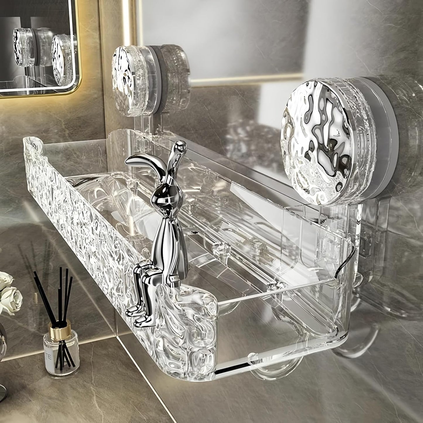 Clear suction cup shower caddy wall mounted on bathroom tiles