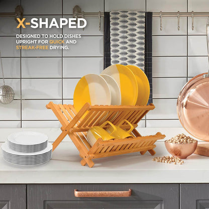 Collapsible wooden dish drainer and drying rack for plates and bowls