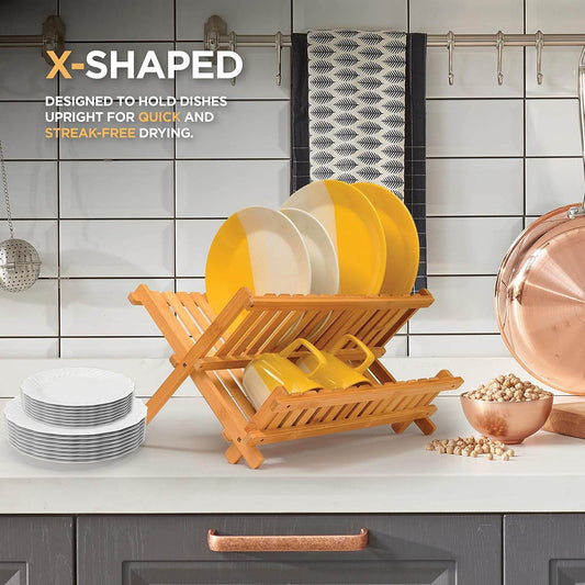 Collapsible wooden dish drainer and drying rack for plates and bowls