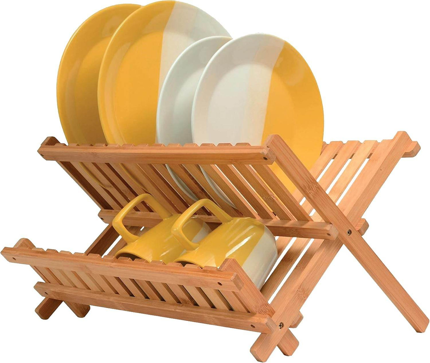 Foldable 2-tier bamboo dish drying rack for kitchen counter