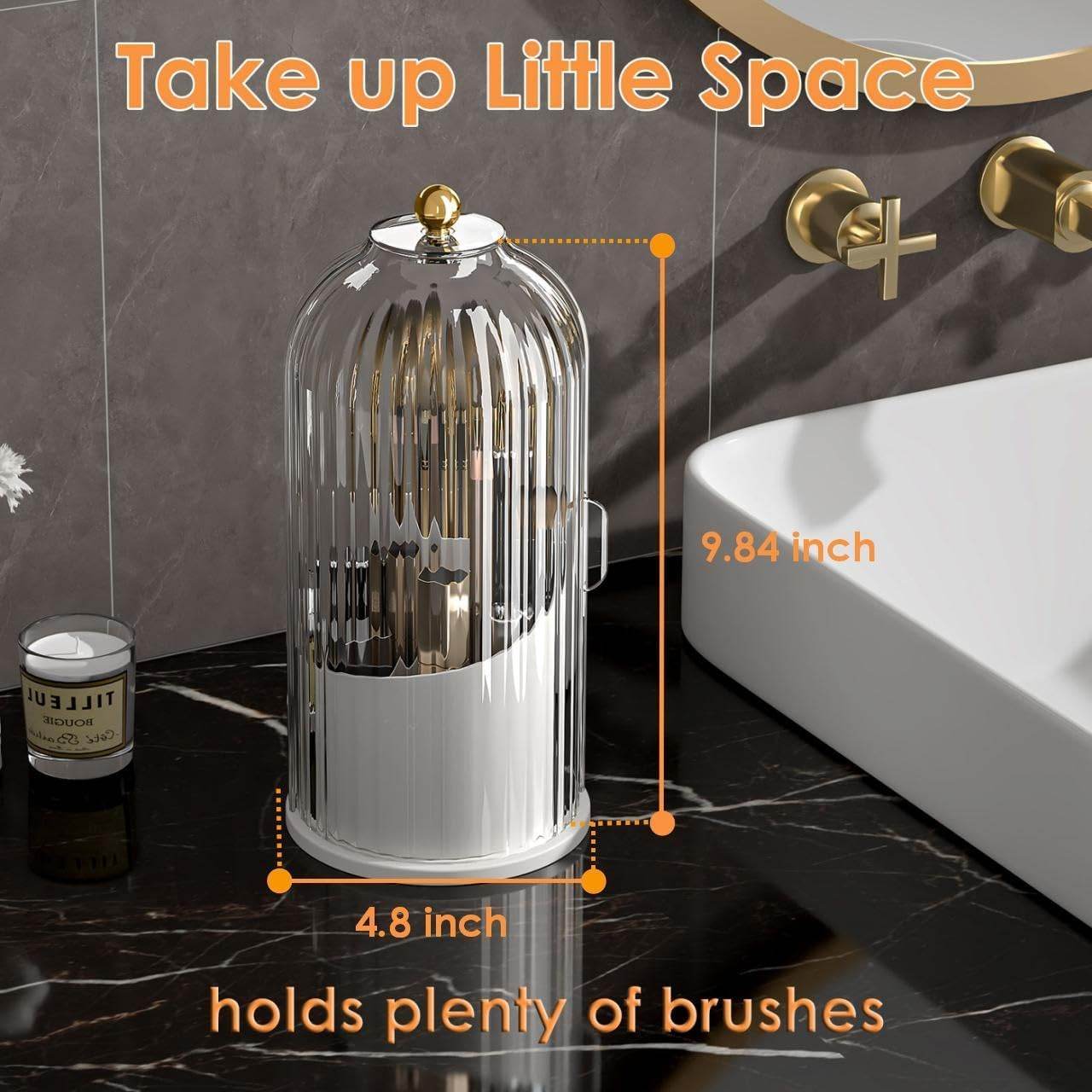 Hygienic vanity makeup brush holder with 360 spinning base