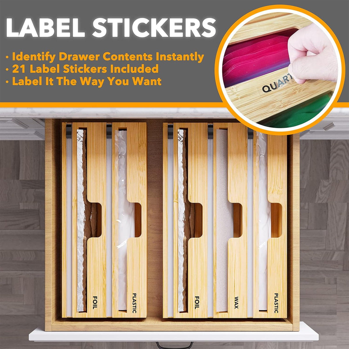 Kitchen wrap organizer with three separate compartments