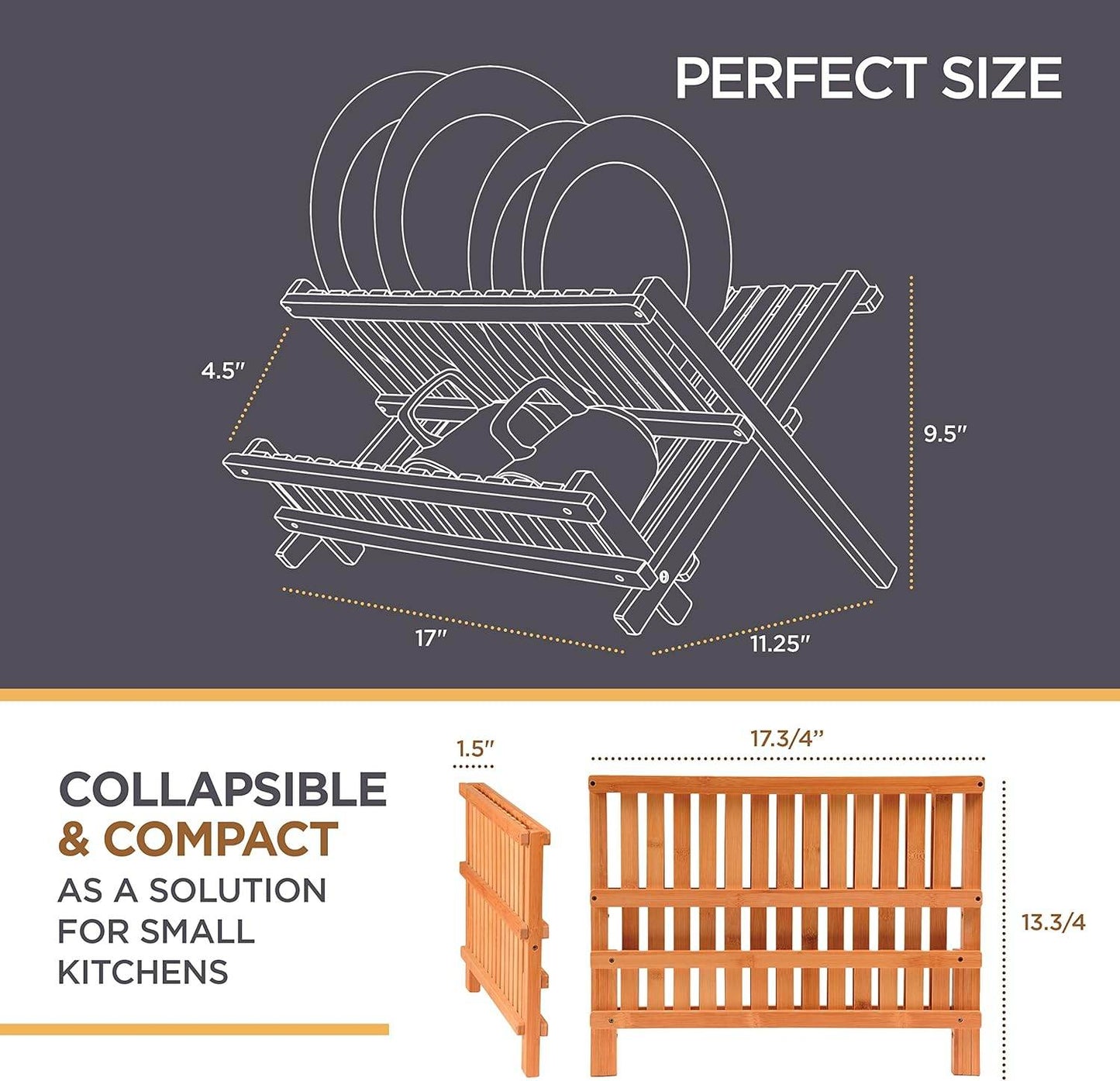 Large capacity bamboo dish organizer for plates, bowls, and utensils