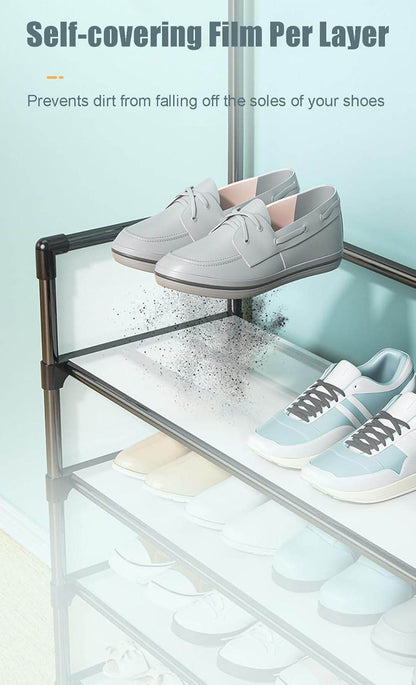 Tall space-saving shoe storage cabinet with 8 hooks for coats and bags