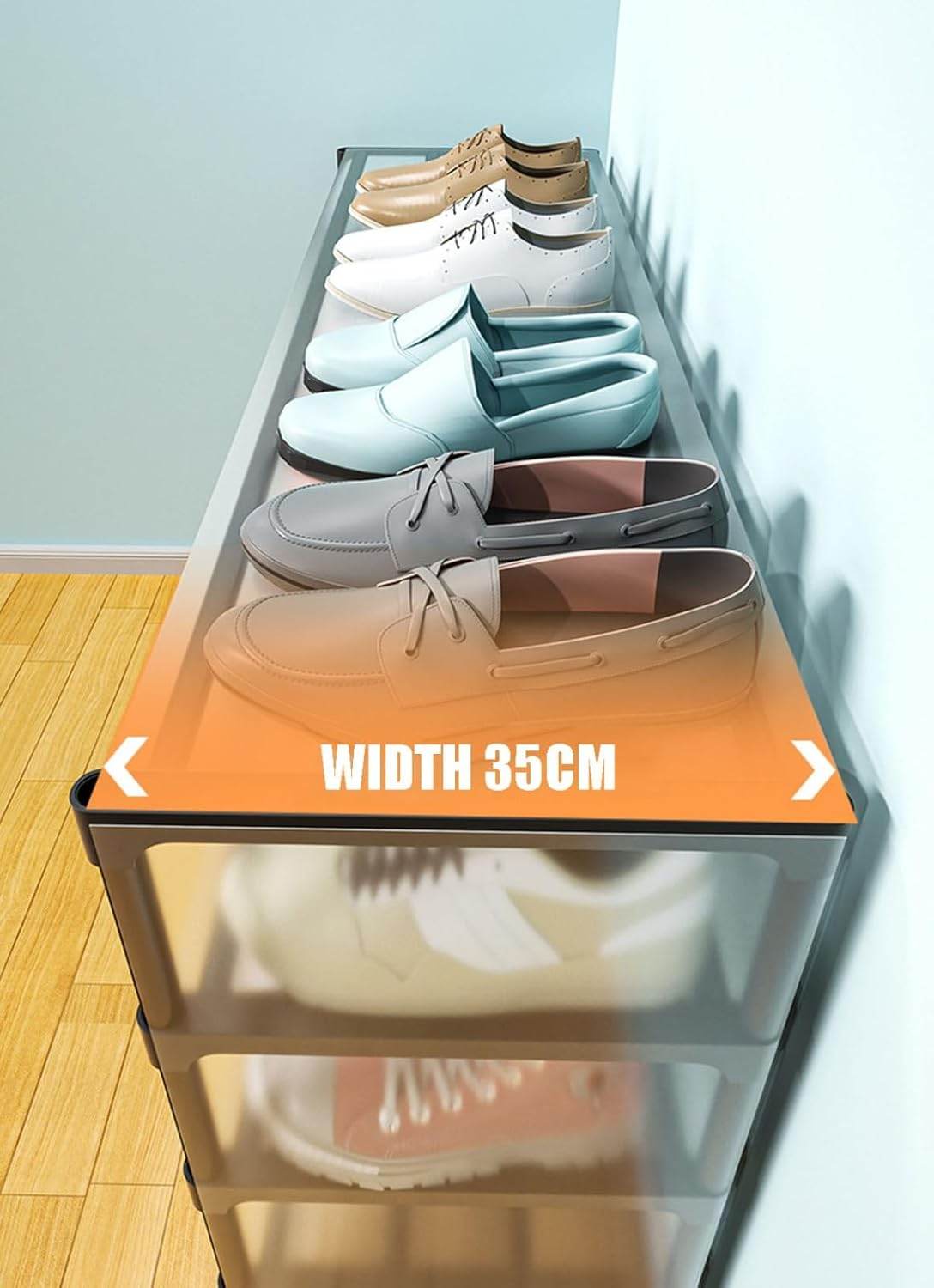Tall space-saving shoe storage cabinet with 8 hooks for coats and bags