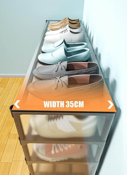 Tall space-saving shoe storage cabinet with 8 hooks for coats and bags