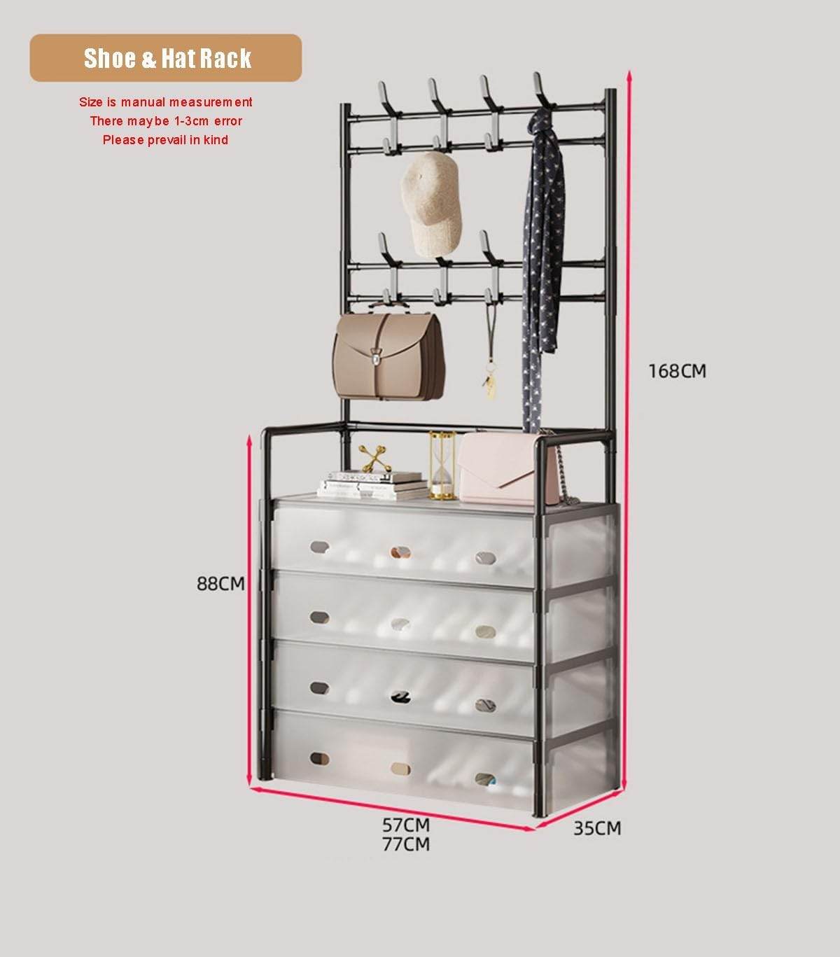 Tall space-saving shoe storage cabinet with 8 hooks for coats and bags