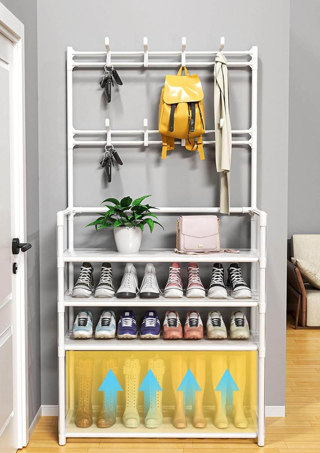 Tall space-saving shoe storage cabinet with 8 hooks for coats and bags