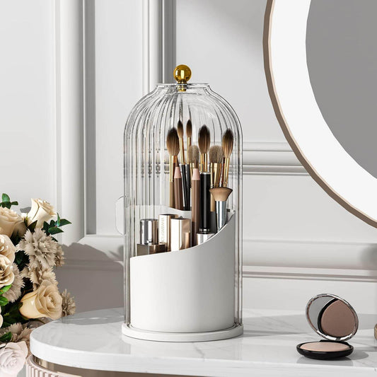 Rotating makeup brush holder with lid dustproof vanity organizer