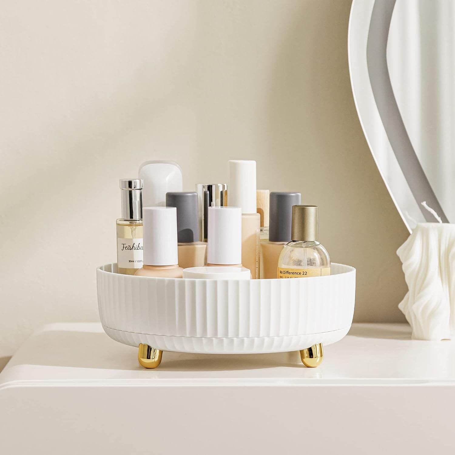Sturdy ABS plastic rotating cosmetic storage rack for vanity