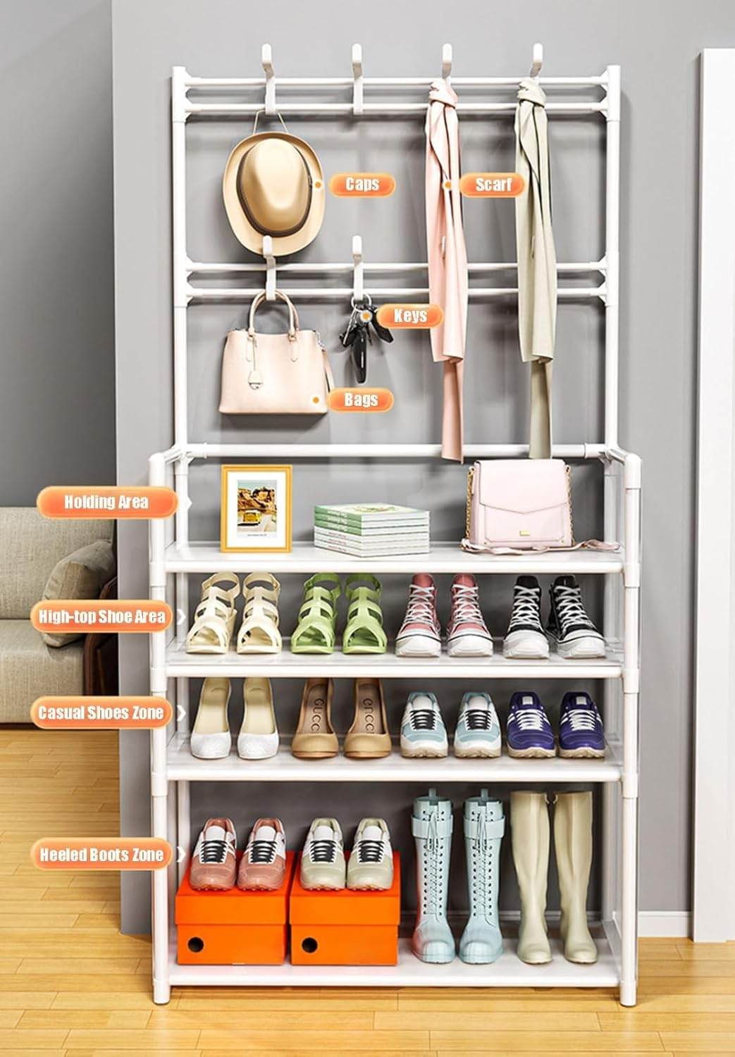 Tall space-saving shoe storage cabinet with 8 hooks for coats and bags
