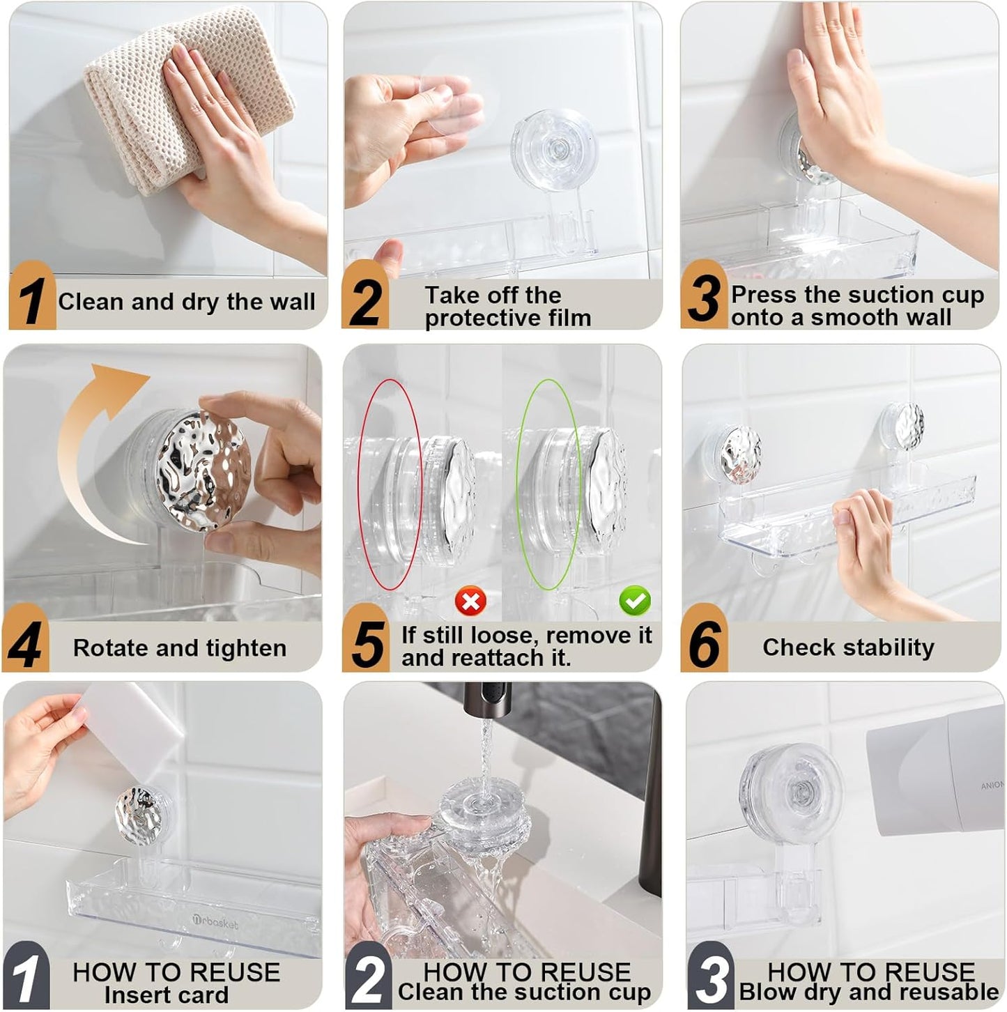 Wall mounted suction shelf for shampoo and toiletries
