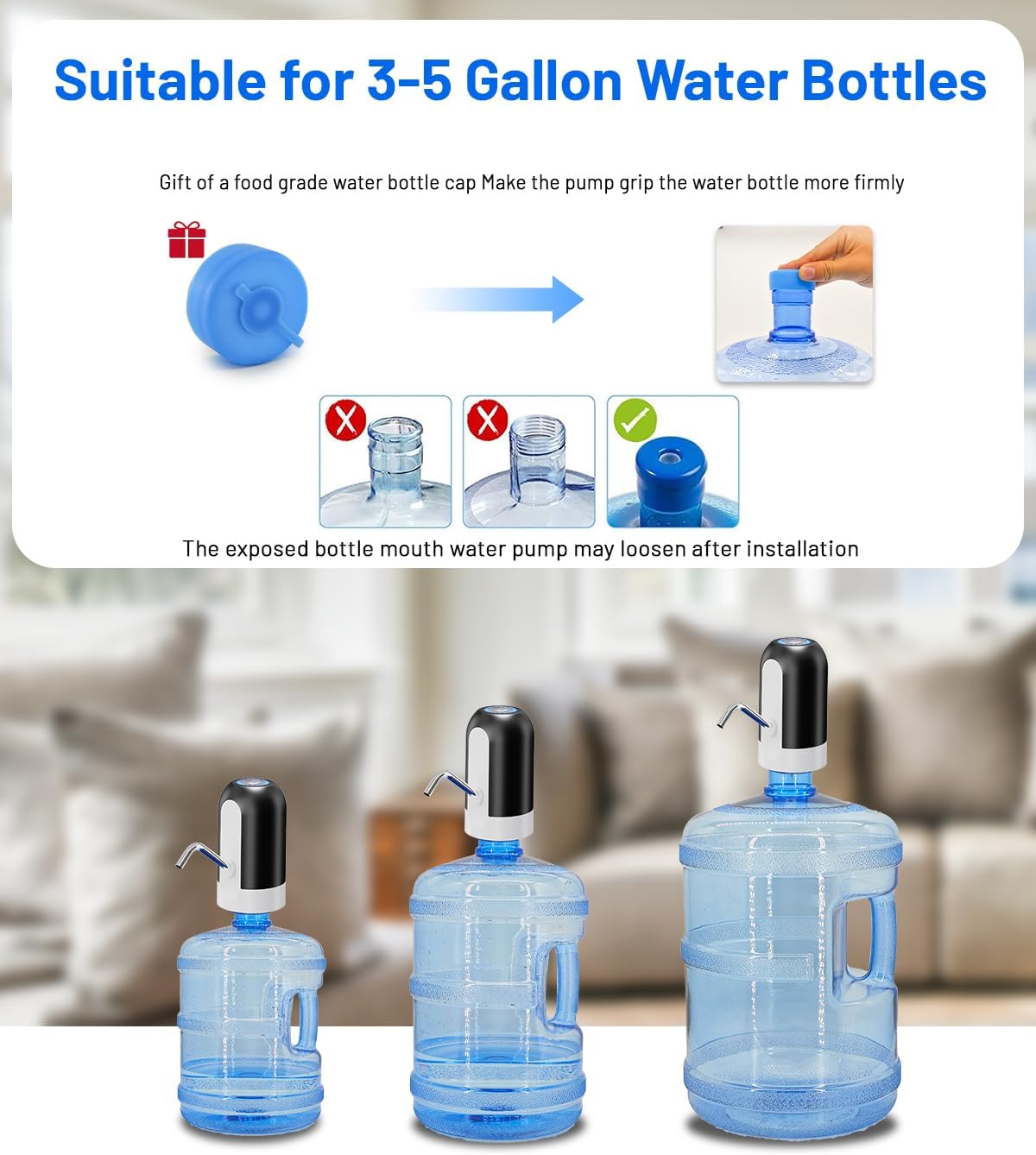 Water dispenser pump with stainless steel spout and silicone lid