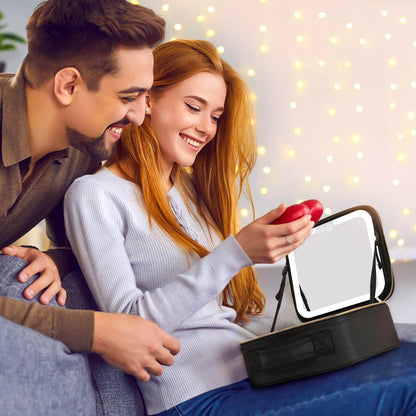 Travel Makeup Bag with LED Mirror & 3 Light Modes – Portable Cosmetic Organizer Case with Adjustable Dividers & Rechargeable Light | Vanity Case for Women