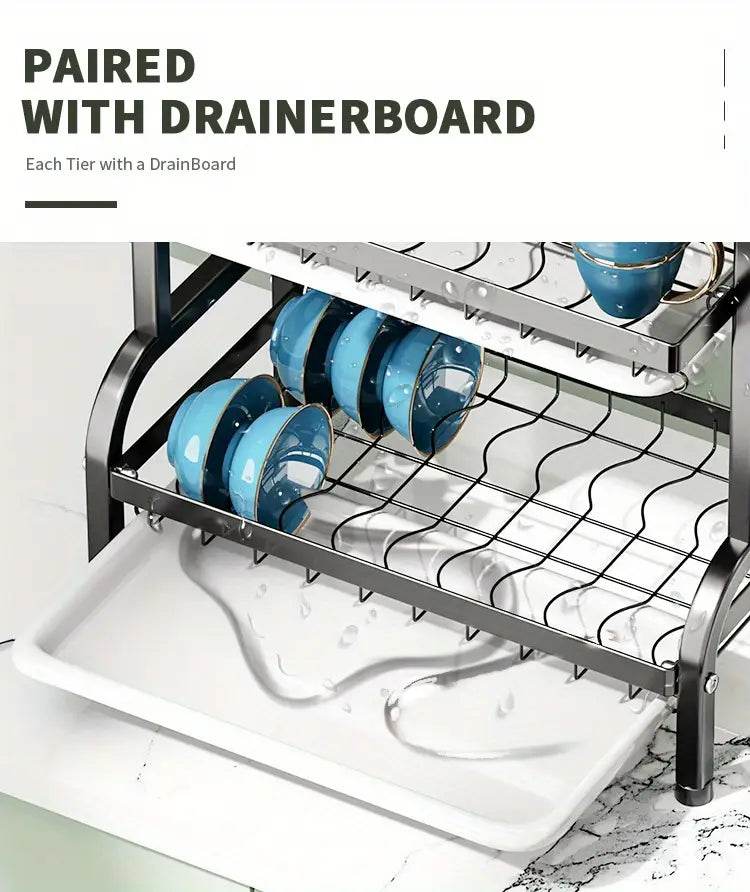 2-Tier & 3-Tier Dish Drying Rack – Large Kitchen Organizer with Holders & Drain Trays - CRIMARA
