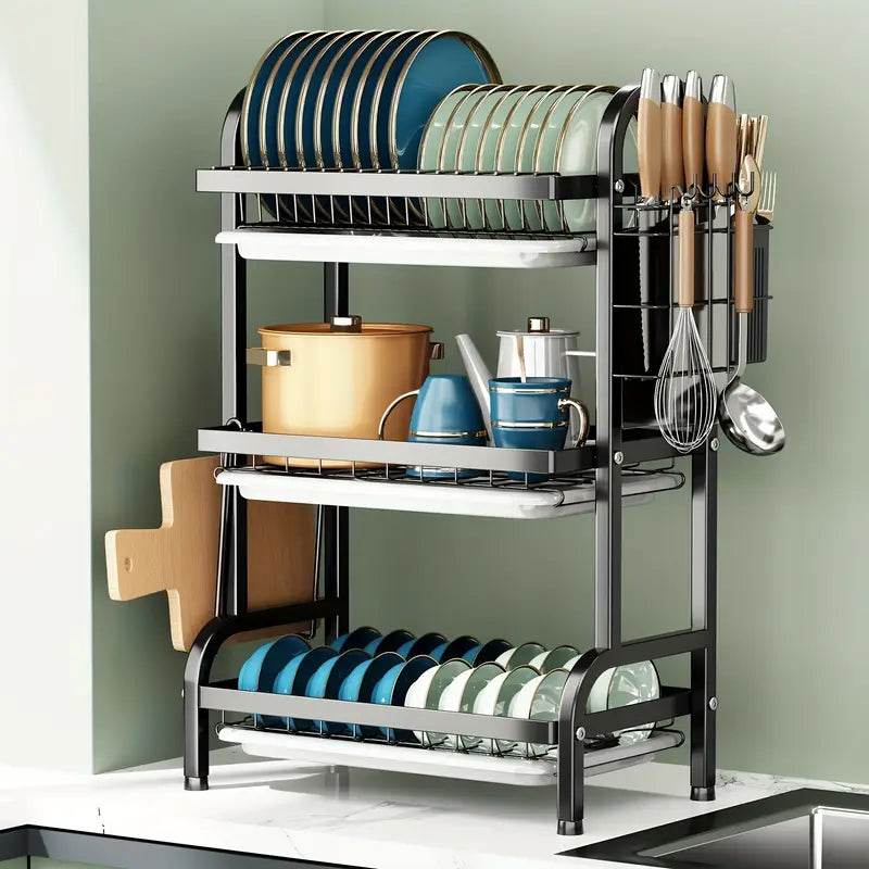 2-Tier & 3-Tier Dish Drying Rack – Large Kitchen Organizer with Holders & Drain Trays - CRIMARA