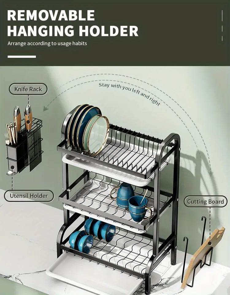 2-Tier & 3-Tier Dish Drying Rack – Large Kitchen Organizer with Holders & Drain Trays - CRIMARA